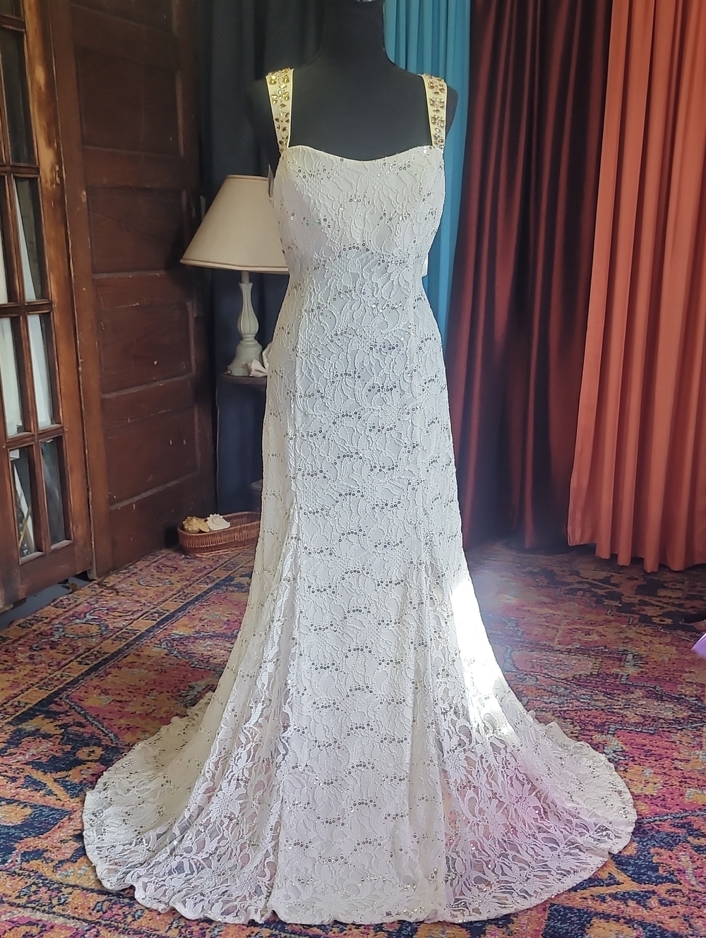 Lace Square-Neck Bridal Gown in Ivory with Embellished Straps